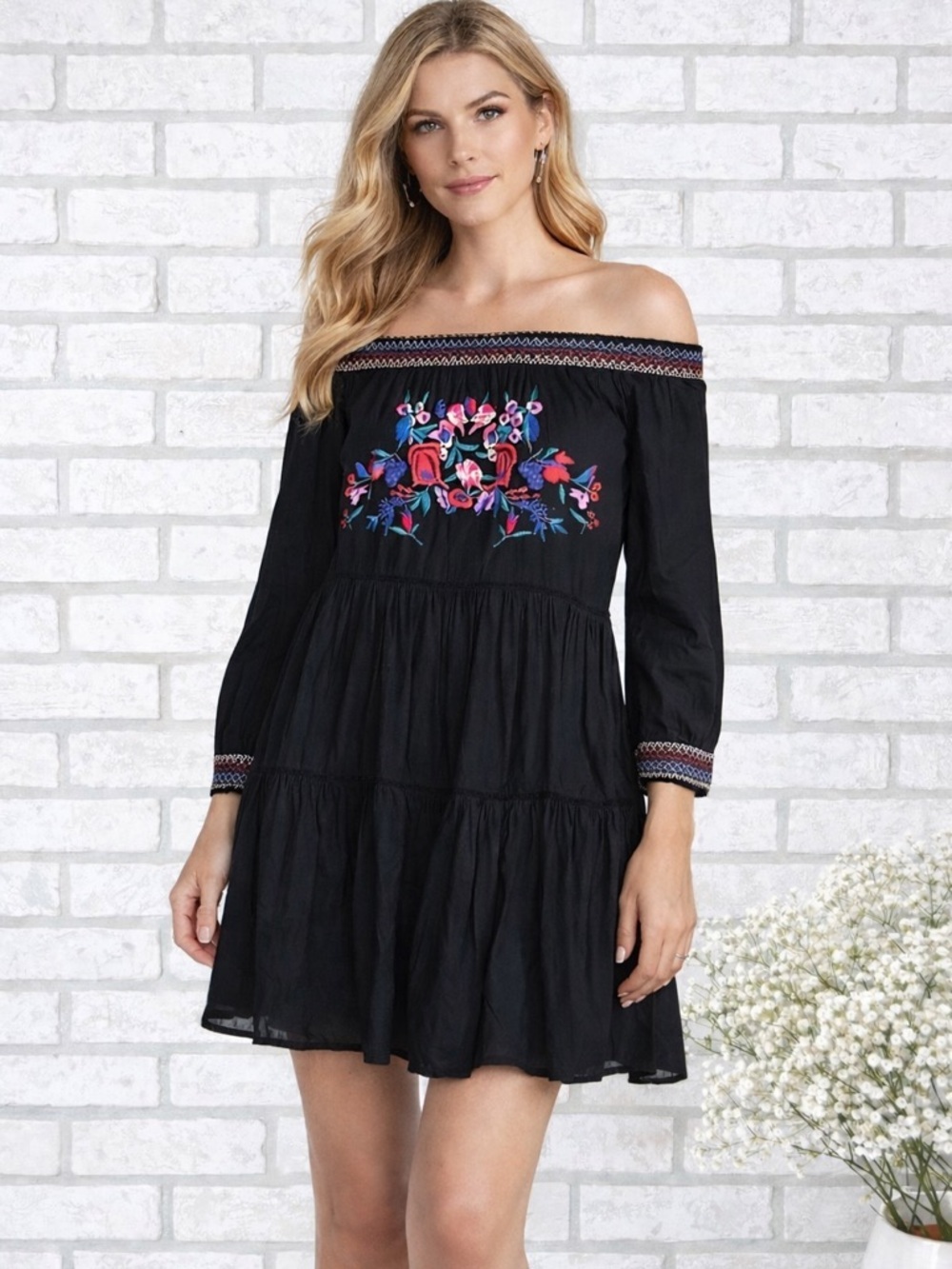 Free People Black Off-Shoulder Mini Dress with Floral Embroidery Size M - Picture 1 of 14